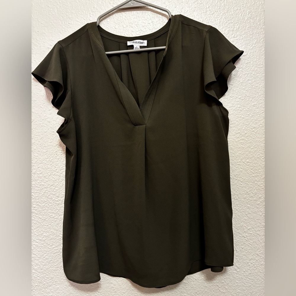 Calvin Klein Olive Flutter Sleeve Blouse